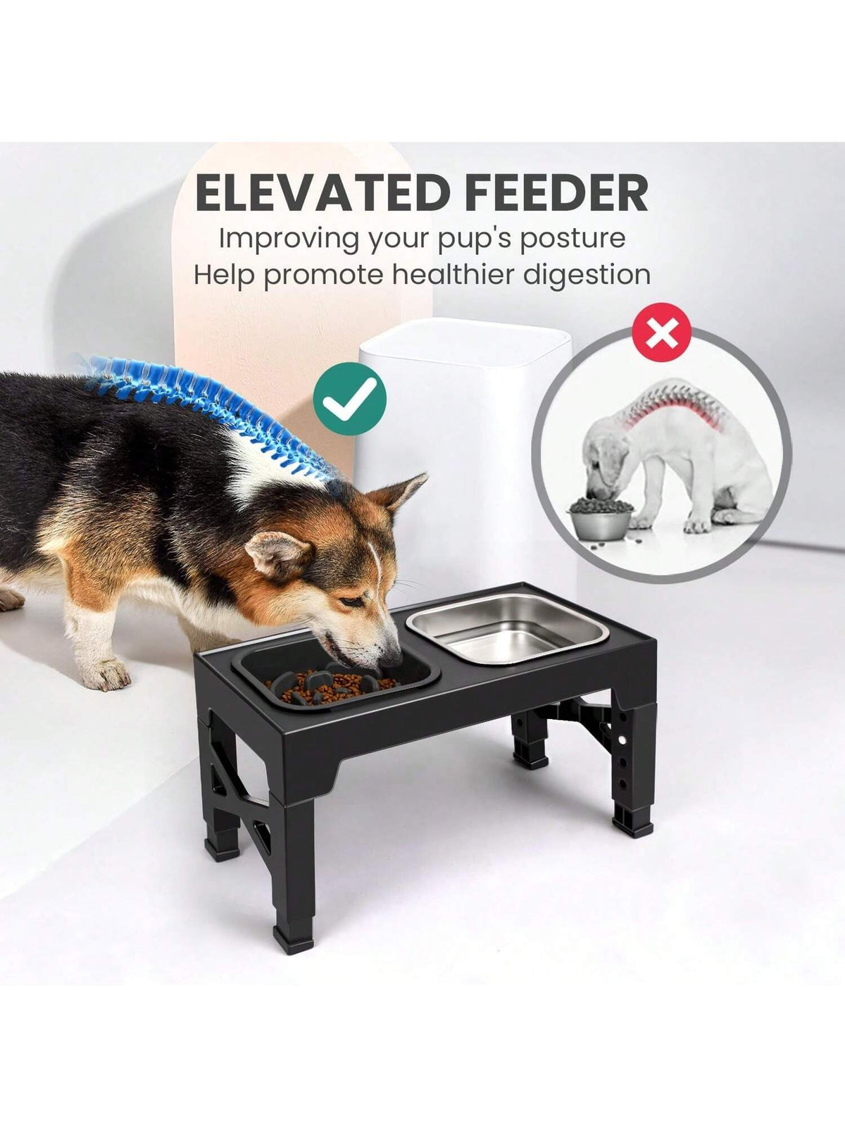 Niubya Elevated Dog Bowls With 2 Stainless Steel Dog Food Bowls, Raised Dog Bowl Adjusts To 5 Heights (3.15", 8.66", 9.84",11.02", 12.2") For Small Medium And Large Dogs