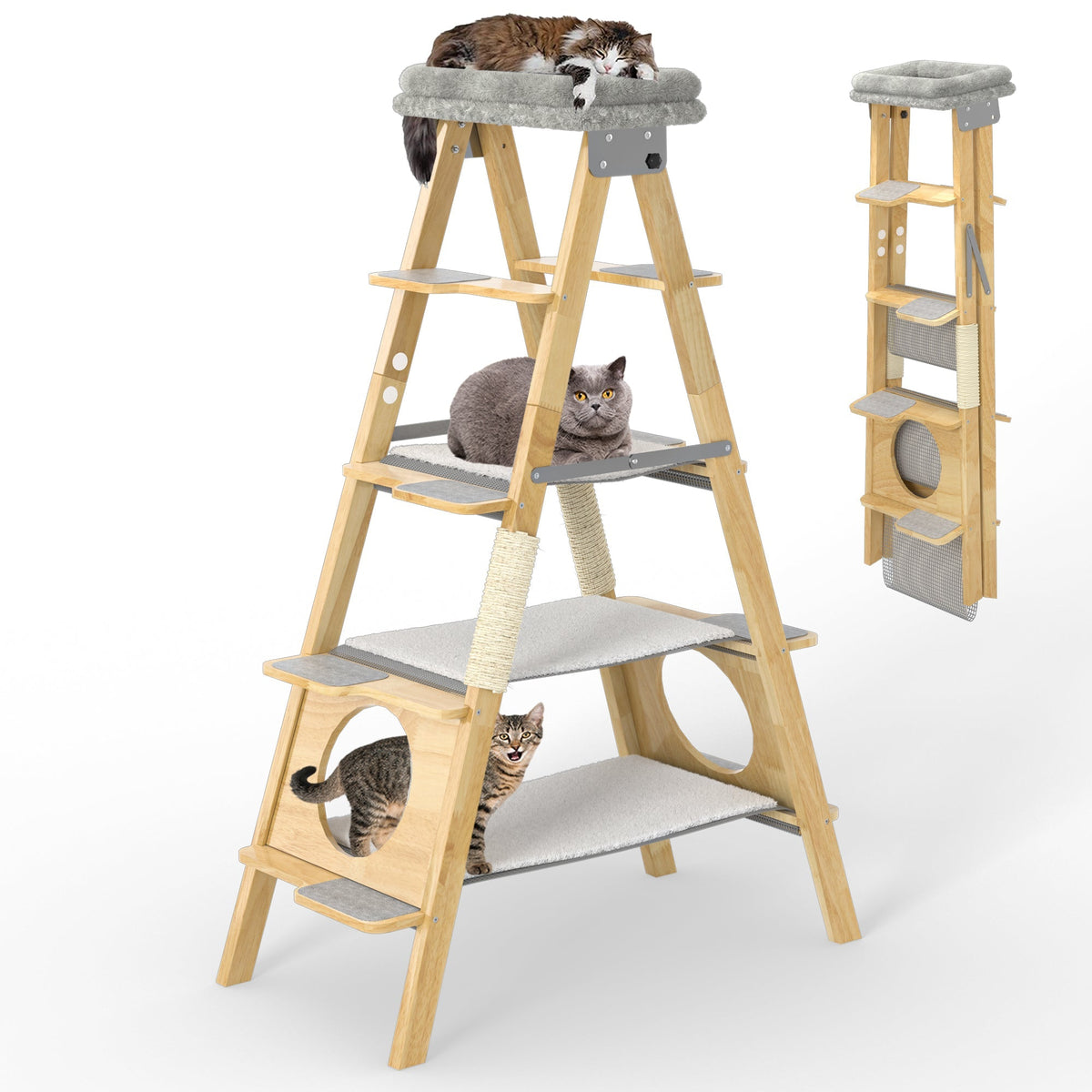 GDLF Modern Solid Wood Cat Tree Foldable Ladder Design with Cat Hammock & Sisal Scratch Post Easy Clean 60"H