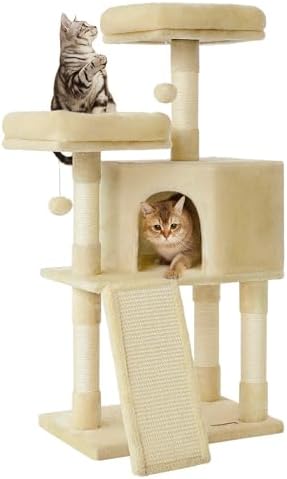 Feandrea Cat Tree, 45.3-Inch Cute Cat Tower, Plush Climbing Condo, Beige