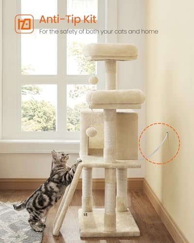 Feandrea Cat Tree, 45.3-Inch Cute Cat Tower, Plush Climbing Condo, Beige