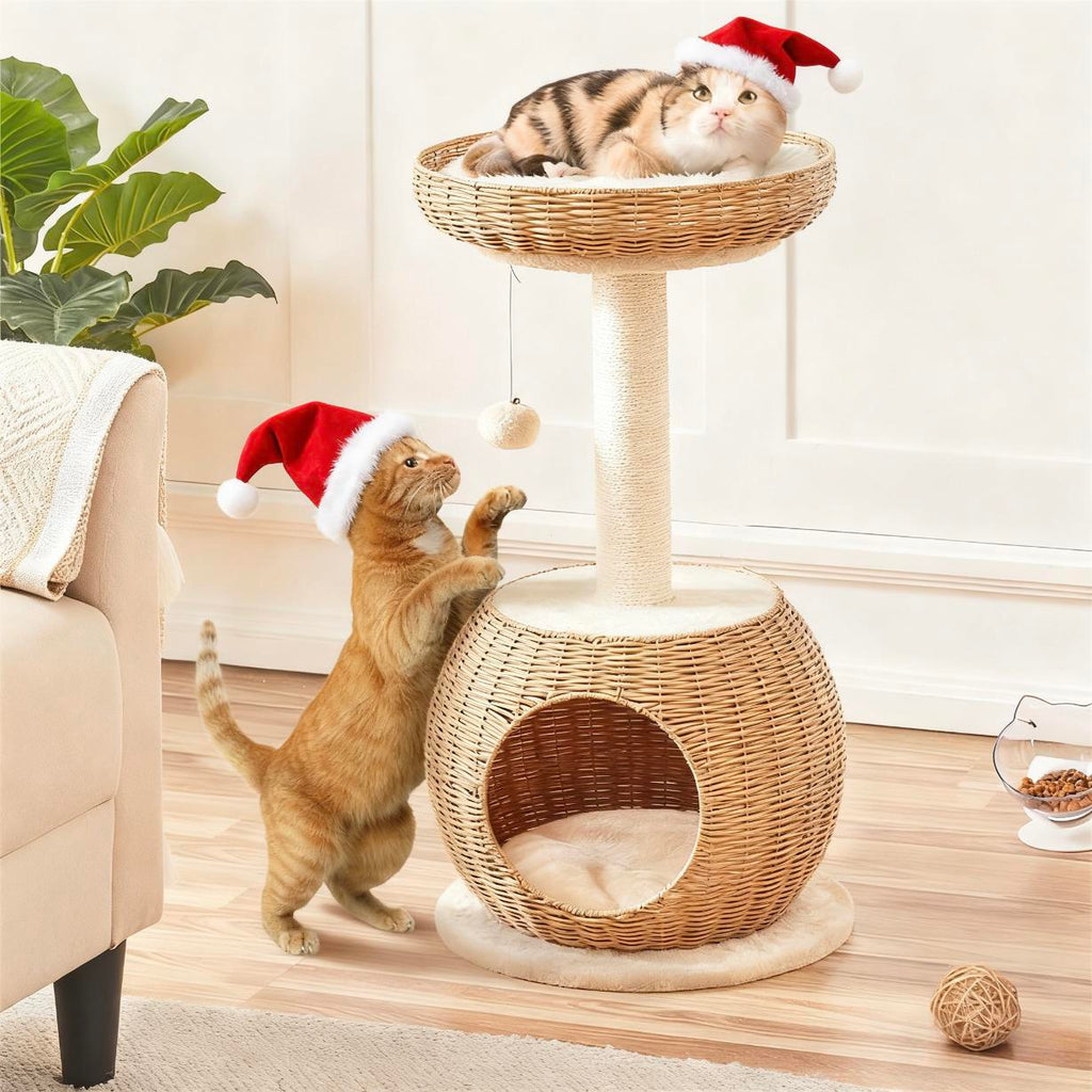 Cat Tree 29.5 Inch Rattan Cat House with Natural Sisal Scratching Post – Woven Cat Condo, Soft Cushion Perch, Hanging Bell Toy