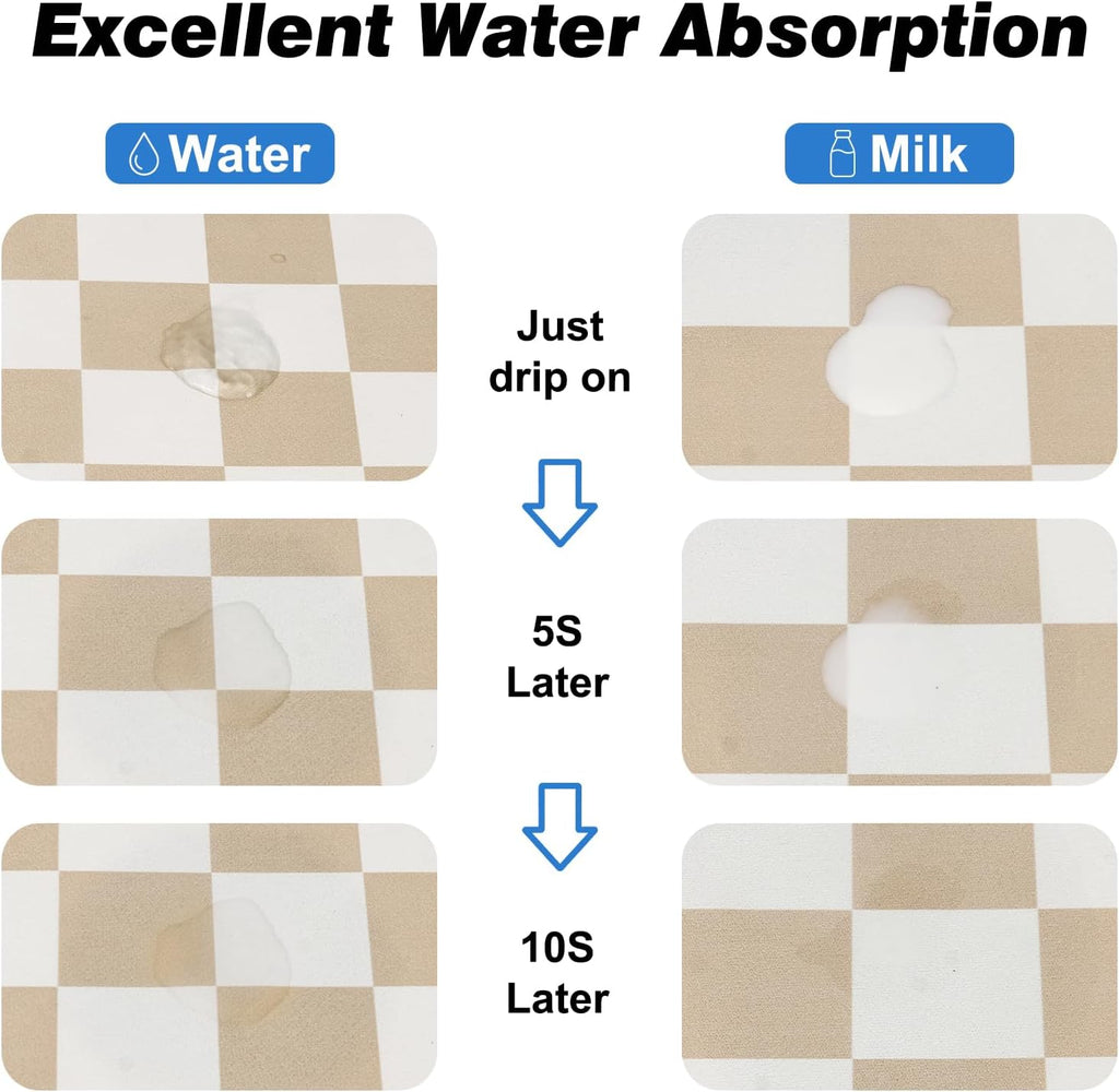 Checkered Dog Food Mat, Absorbent Leak-Proof Pet Feeding Mat, Quick Dry Cat Food Mat for Messy Drinkers 12" x 20" Khaki