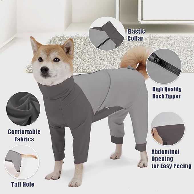 Dog Recovery Suit for Surgery Dog Onesie for Female and Male E-Collar Alternative Anti Shedding Pajamas Long Sleeve Claming Bodysuit Gray XL