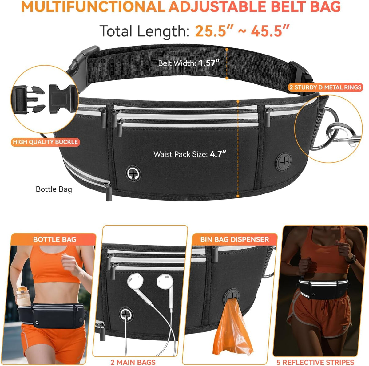 Hands Free Dog Leash with Waist Belt & Adjustable Multi-Function 9.8FT Long Dog Lead, Heavy Duty Waist Leash for Running, Walking, Jogging and Hiking