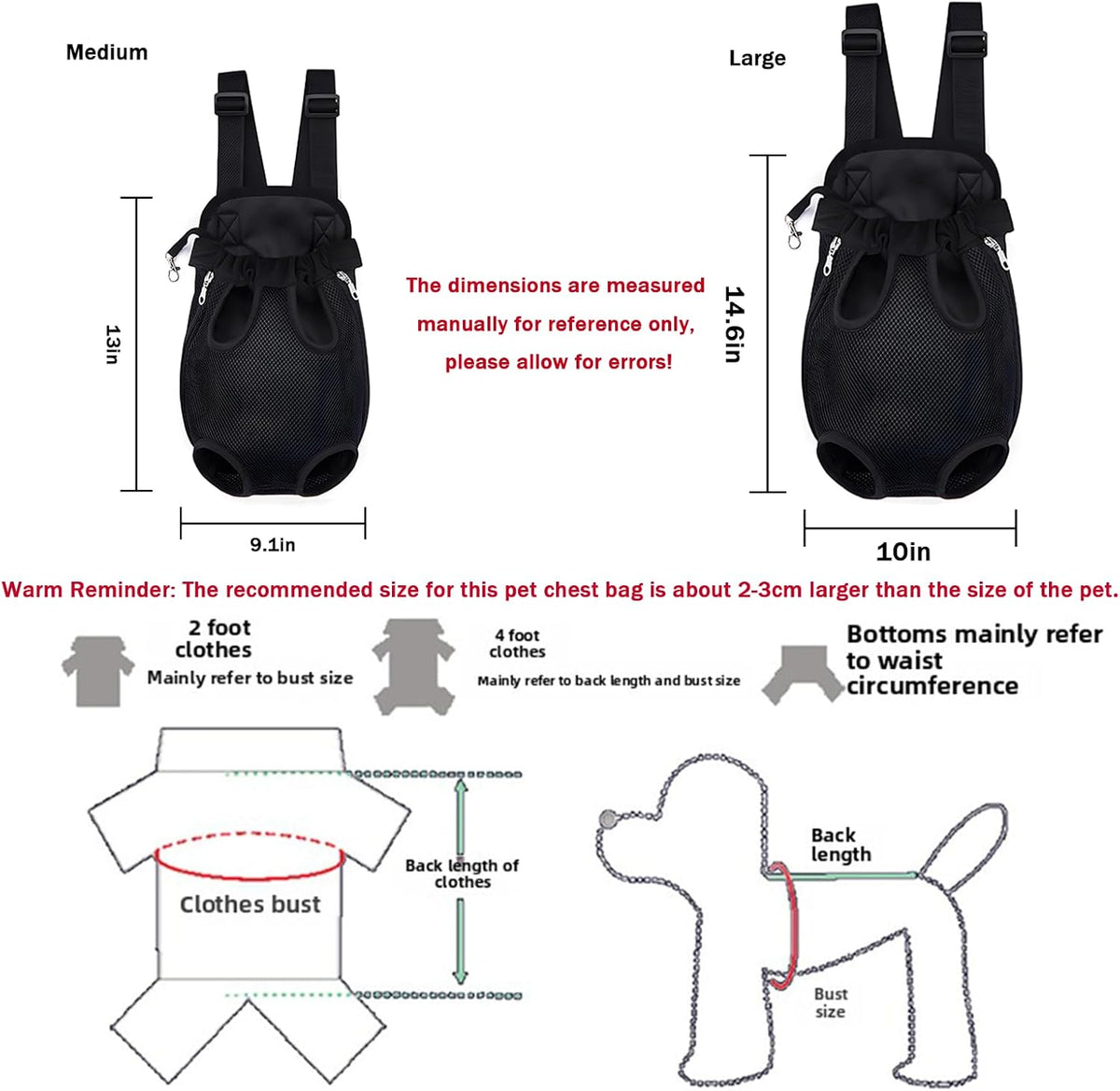 Pet Carrier Backpack, Adjustable Pet Front Carriers for Small Medium Dogs Cats 5-18 Lbs, Legs Out, Dog Cat Carrier Backpack for Hiking,Camping,Traveling,Cycling (Black,Large（Fit:10-18lb）)