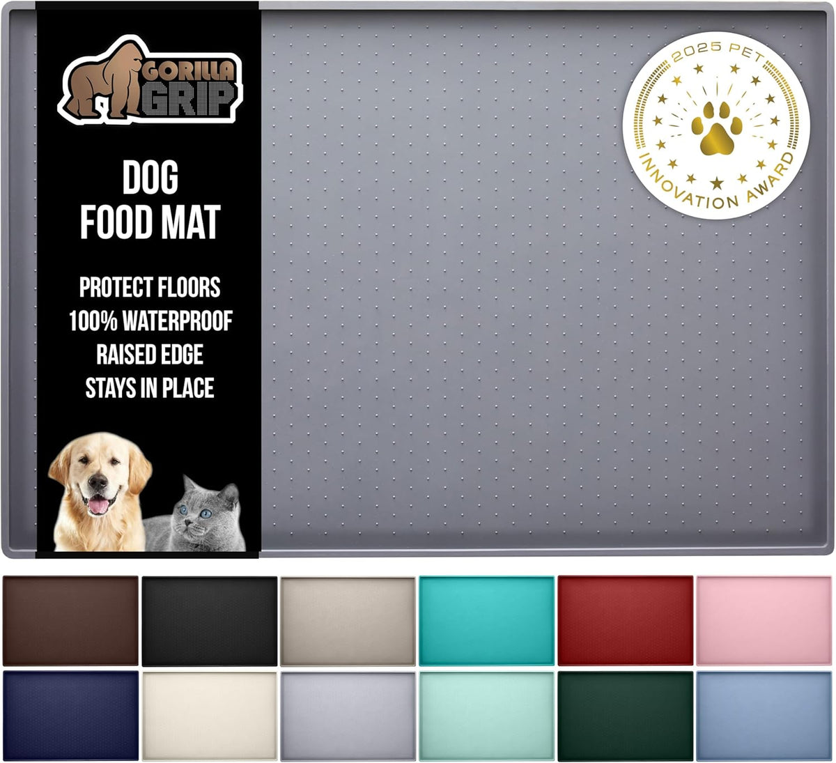 GORILLA GRIP 100% Waterproof Raised Edge BPA Free Silicone Pet Feeding Mat, Dog Cat Food Mats Contain Spills Protects Floors, Placemats for Cats and Dogs Water Bowl, Pets Accessories 16x10, Gray