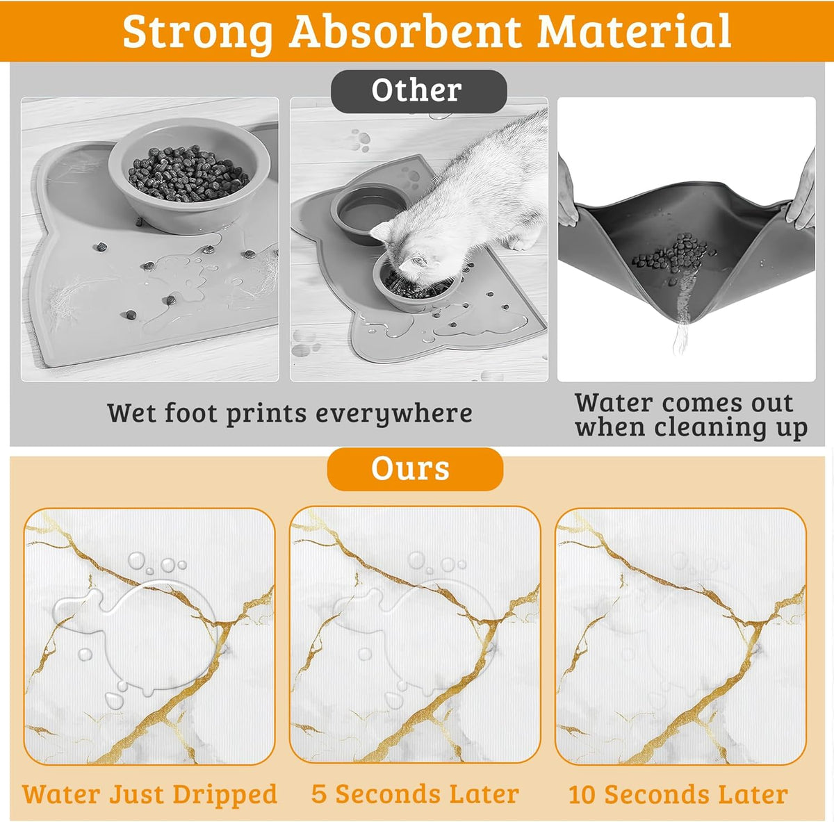 Abstract Marble Dog Food Mat,White Gold Absorbent Pet Feeding Mat for Food and Water Bowl,Quick Dry Dog Placemat Non Slip Rubber Backing Waterproof Pet Supplies 16" x 24"