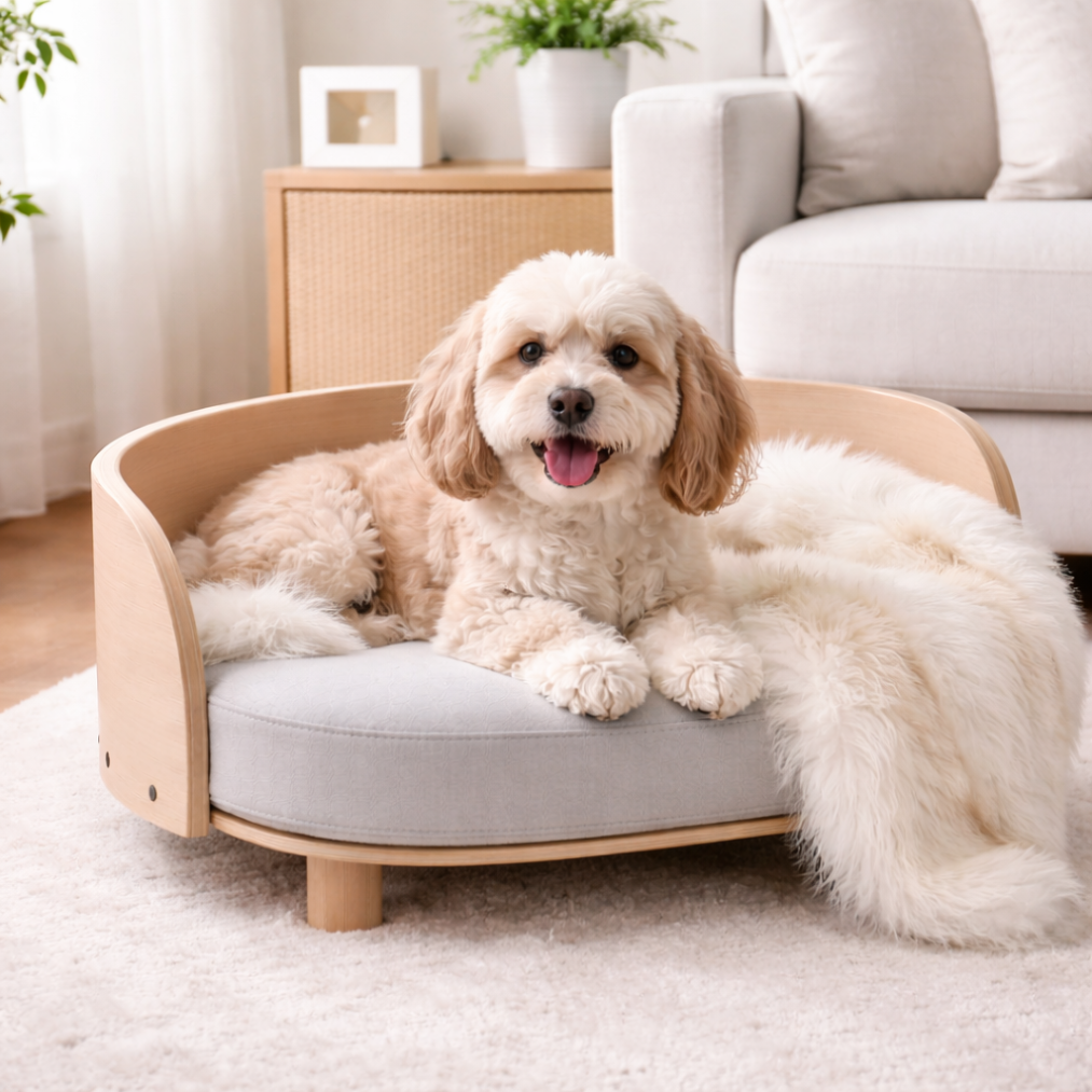 Velvet Pet Sofa Bed – Solid Beech Wood Frame
